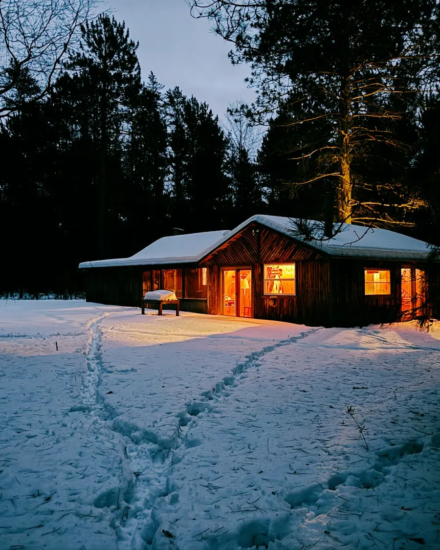 Wooden cabin in a snowy forest with warm light in its windows