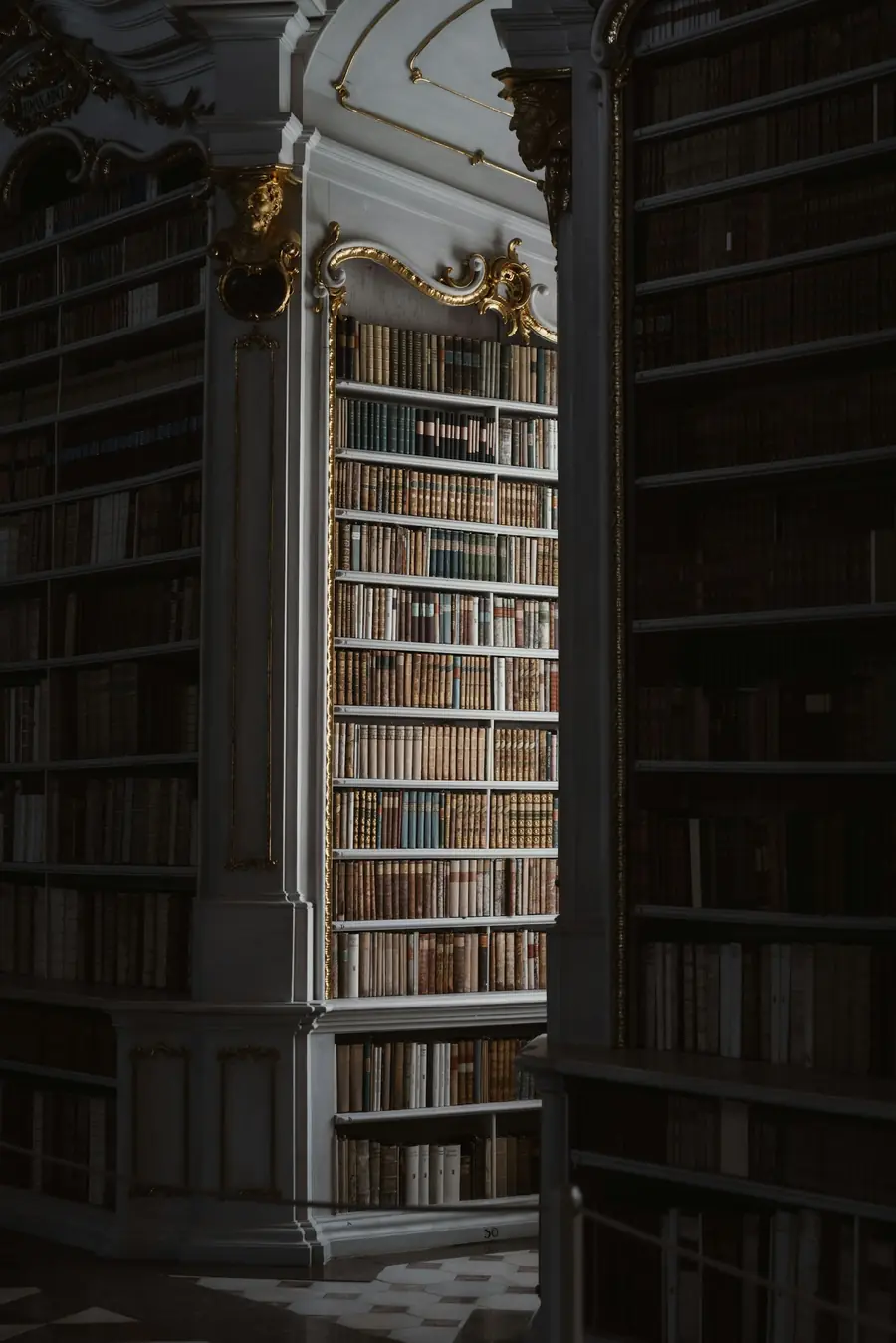 Tall library shelves filled with books up to the ceiling