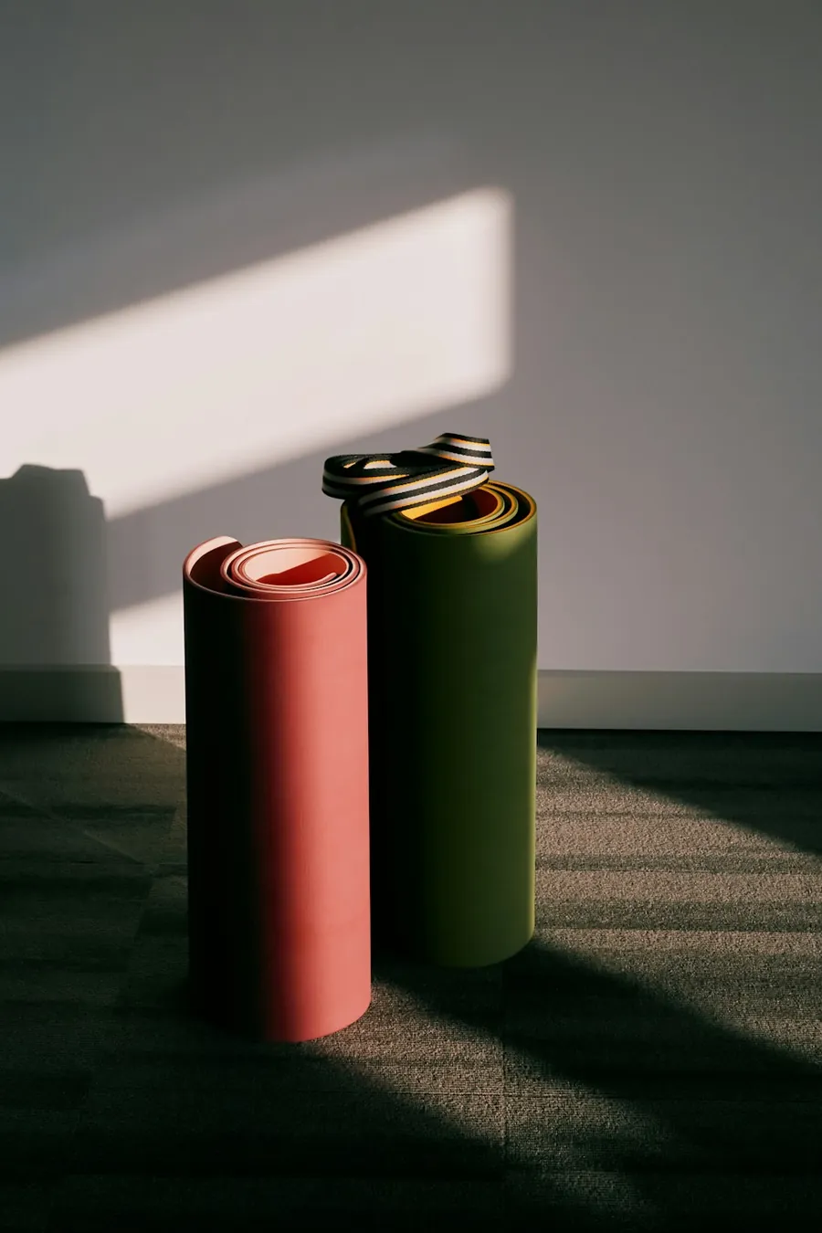 Two rolled yoga mats leaning against a sunlit wall