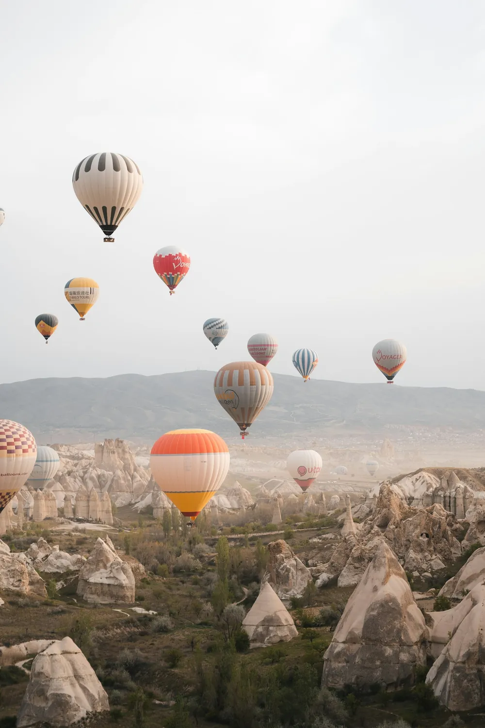 Hot air balloons drifting over the valleys of Cappadocia in the early morning