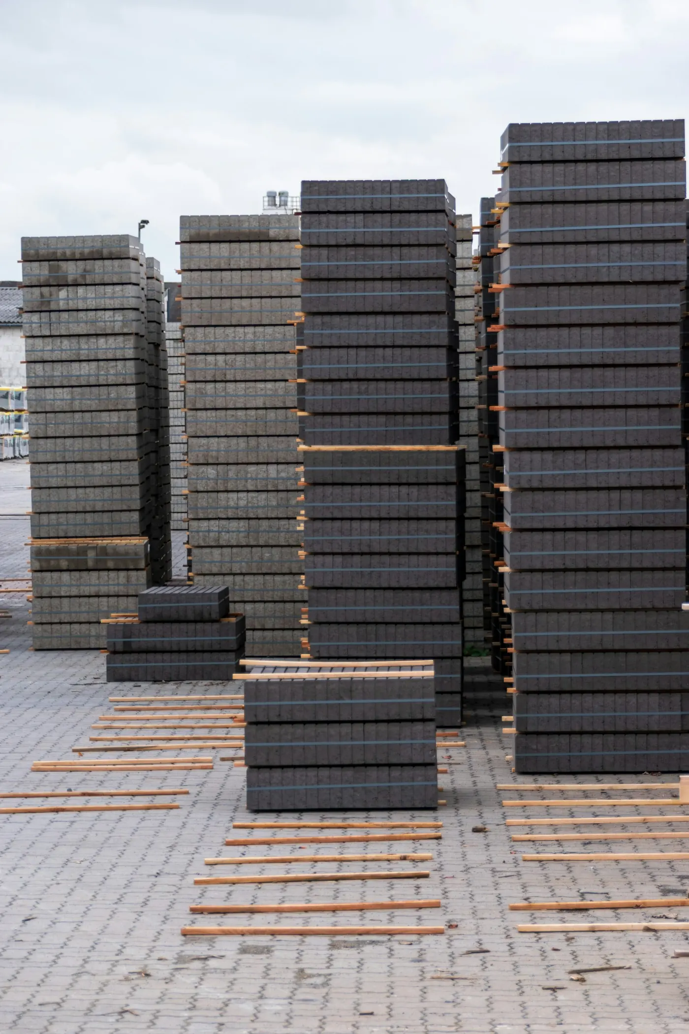 Concrete paving stones strapped and stacked on pallets in a yard